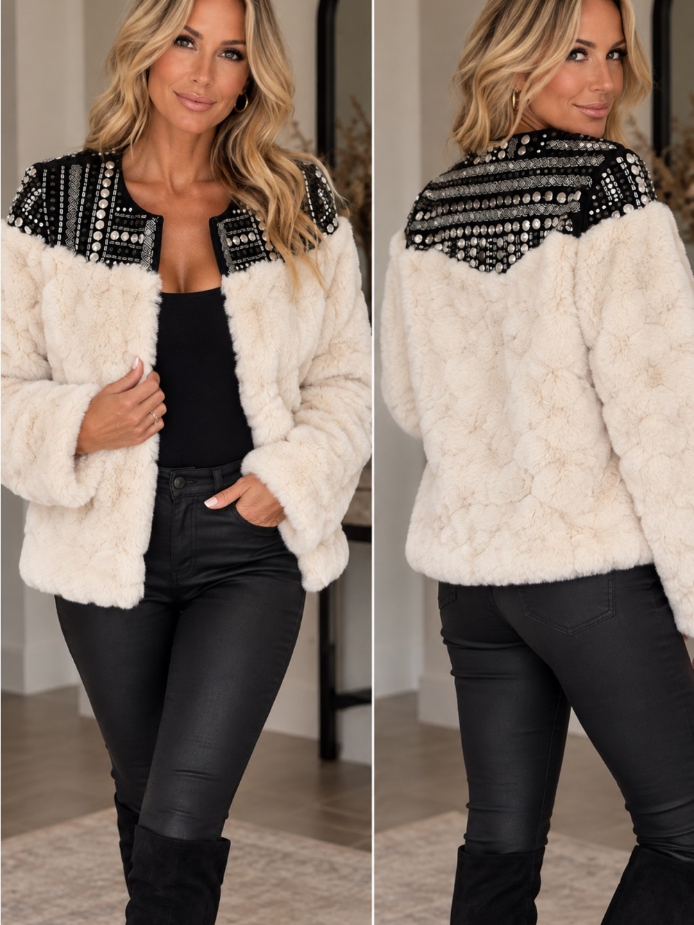 Ivory luxe faux fur studded jacket